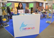 Stand de Guatemala con Paola Estrada sirviendo a los invitados.